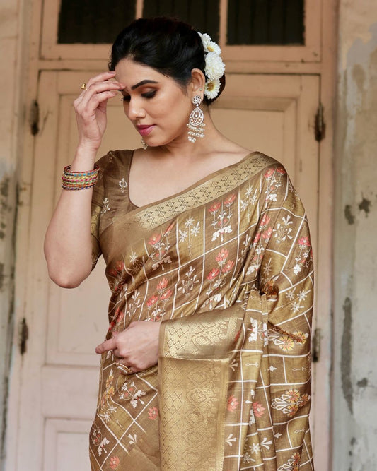 PURE SILK DIGITALLY PRINTED SAREE WEAVED WITH GOLDEN ZARI COMES WITH TASSELS