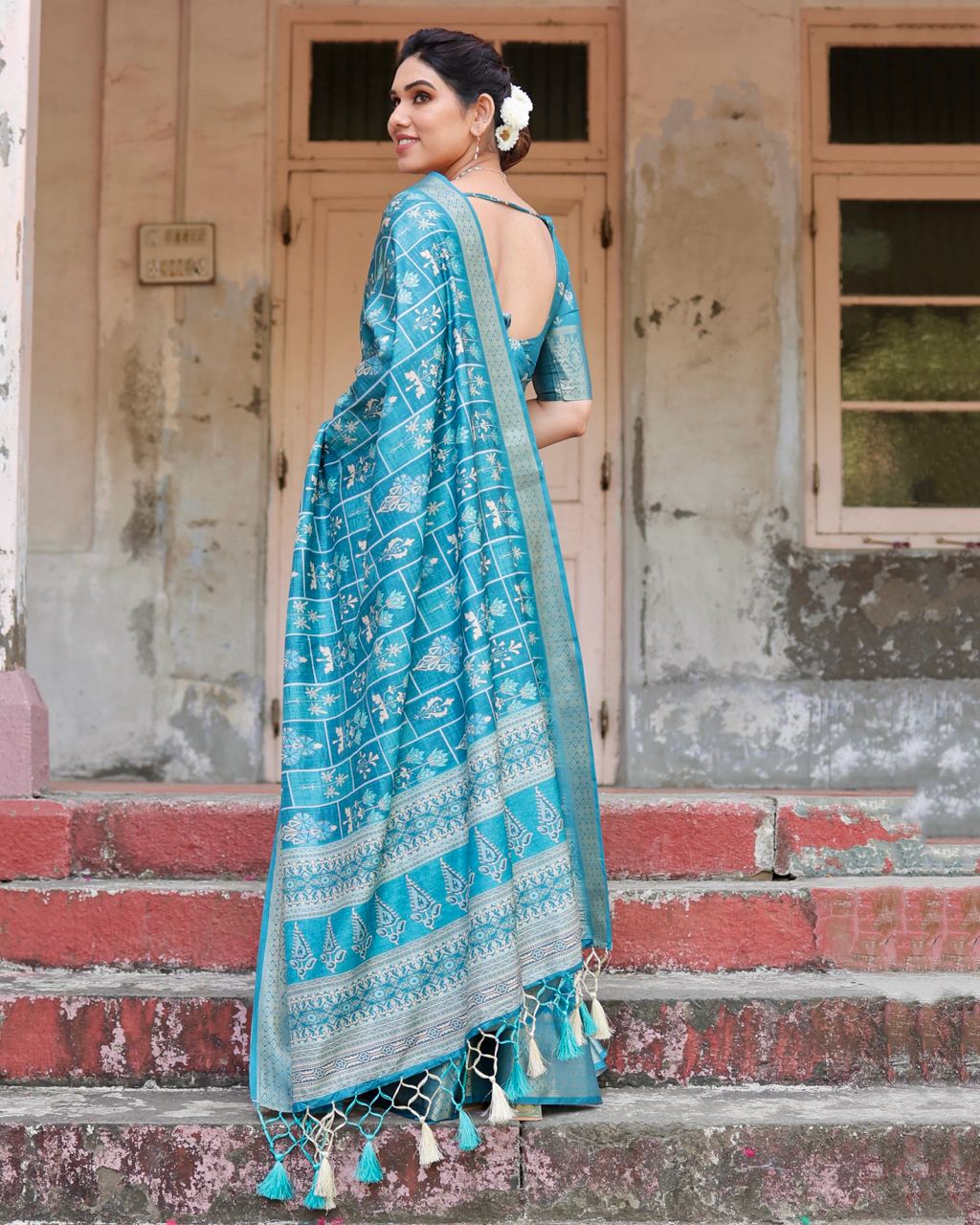 PURE SILK DIGITALLY PRINTED SAREE WEAVED WITH GOLDEN ZARI COMES WITH TASSELS