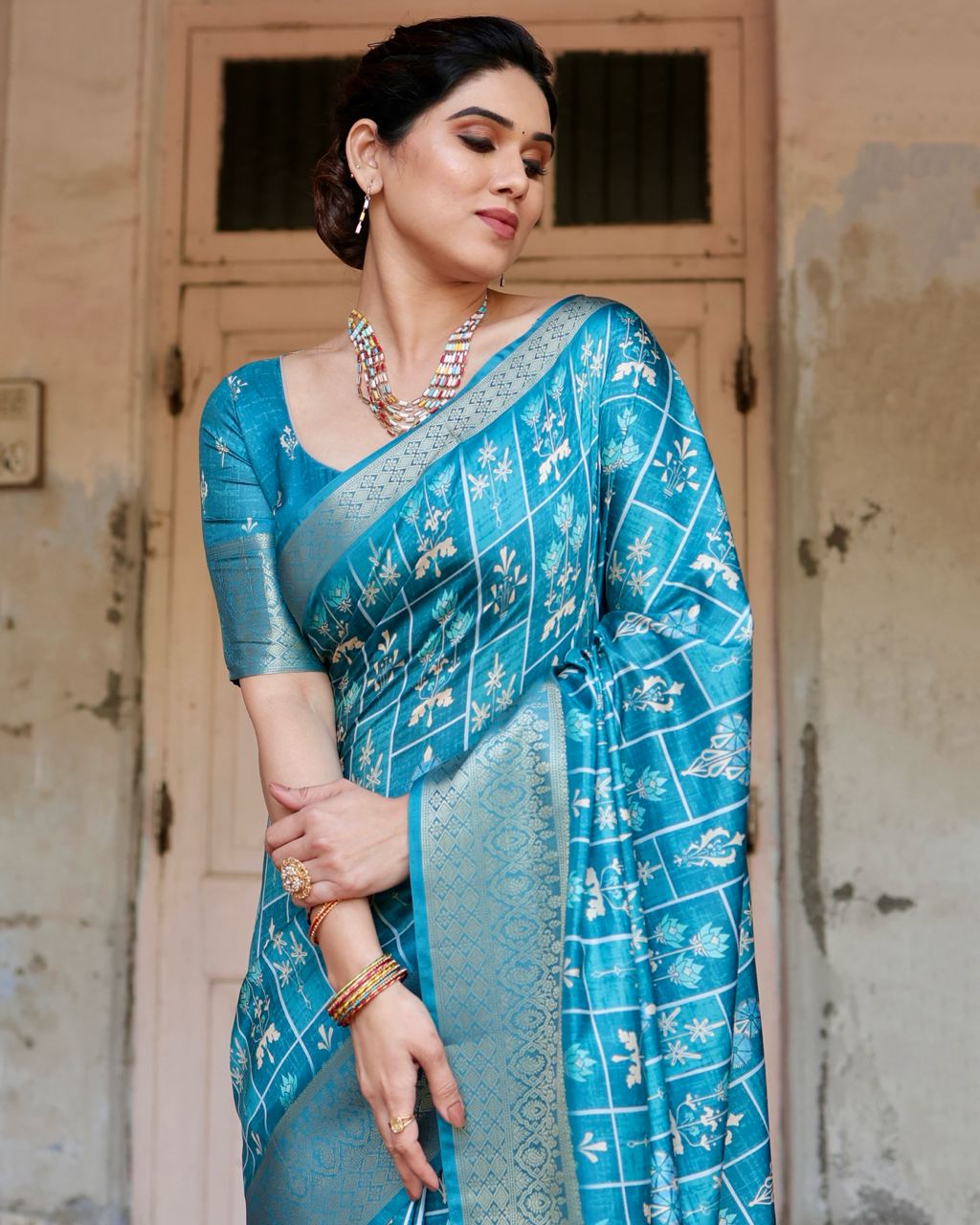 PURE SILK DIGITALLY PRINTED SAREE WEAVED WITH GOLDEN ZARI COMES WITH TASSELS