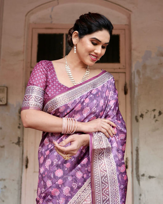 PURE SILK DIGITALLY PRINTED SAREE WEAVED WITH GOLDEN ZARI COMES WITH TASSELS