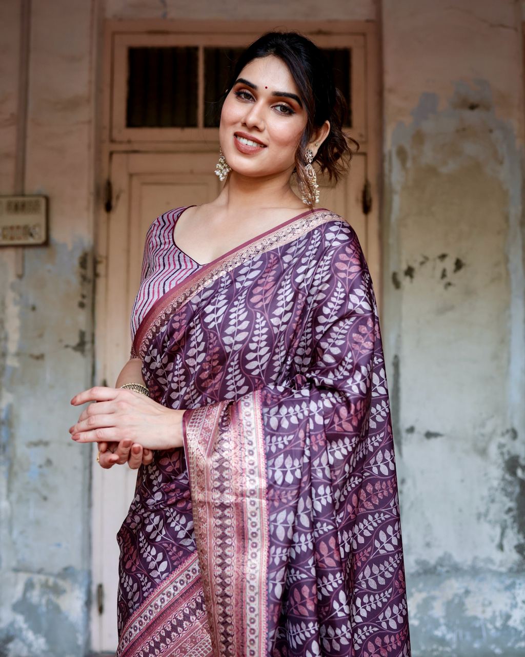 PURE SILK DIGITALLY PRINTED SAREE WEAVED WITH GOLDEN ZARI COMES WITH TASSELS