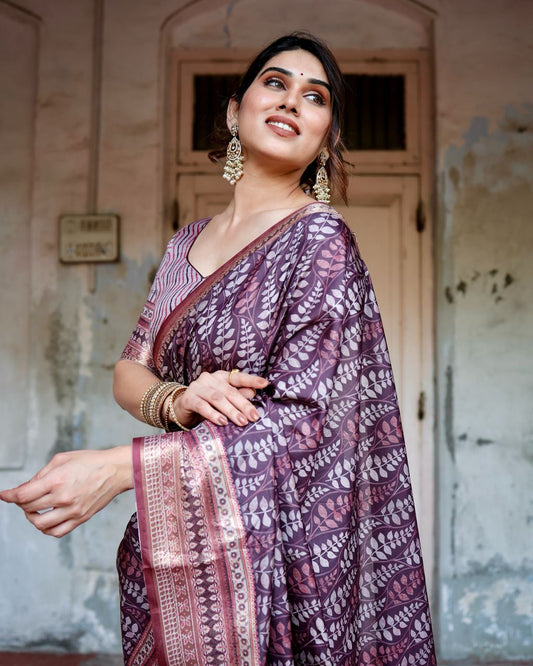 PURE SILK DIGITALLY PRINTED SAREE WEAVED WITH GOLDEN ZARI COMES WITH TASSELS