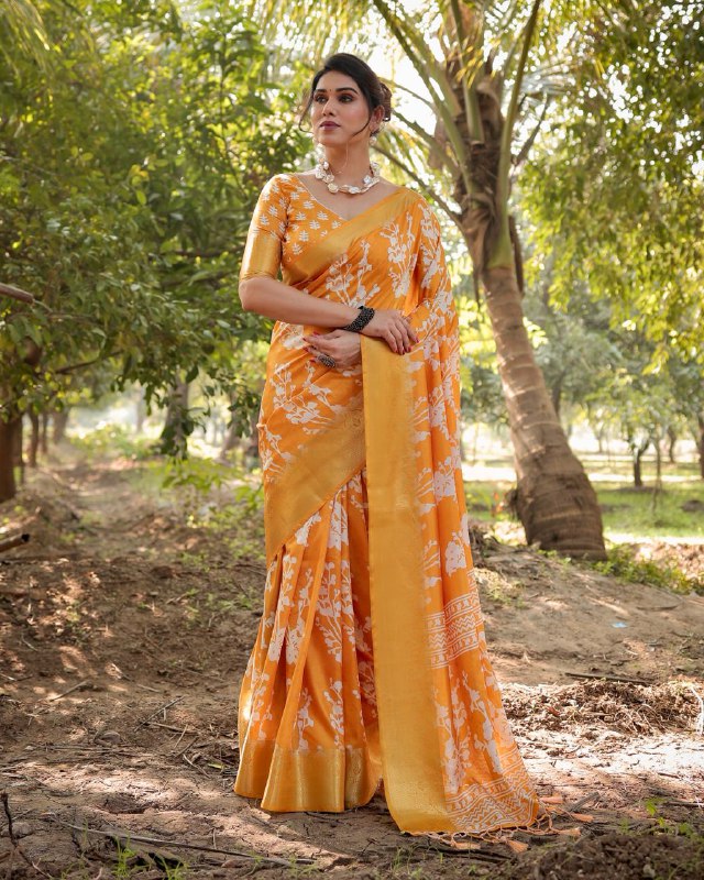PURE SILK DIGITALLY PRINTED SAREE WEAVED WITH GOLDEN ZARI COMES WITH TASSELS