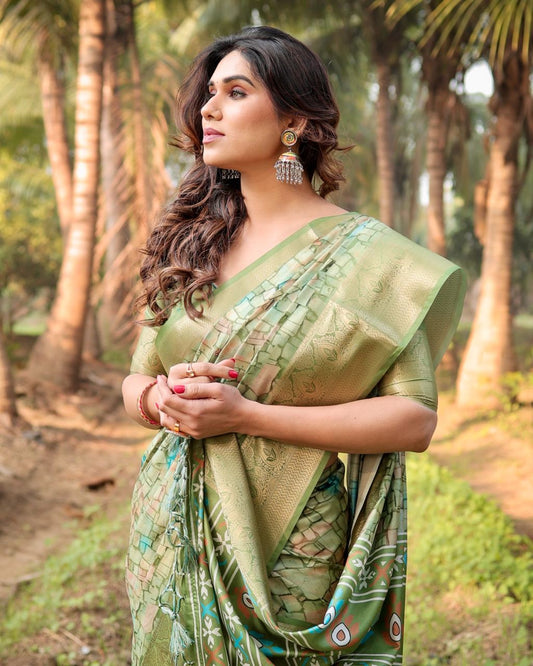 PURE SILK DIGITALLY PRINTED SAREE WEAVED WITH GOLDEN ZARI COMES WITH TASSELS