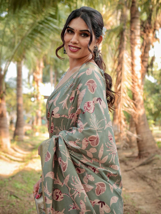 PURE SILK DIGITALLY PRINTED SAREE WEAVED WITH GOLDEN ZARI COMES WITH TASSELS