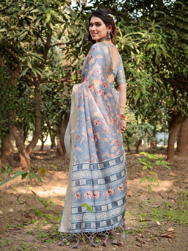 PURE SILK DIGITALLY PRINTED SAREE WEAVED WITH GOLDEN ZARI COMES WITH TASSELS