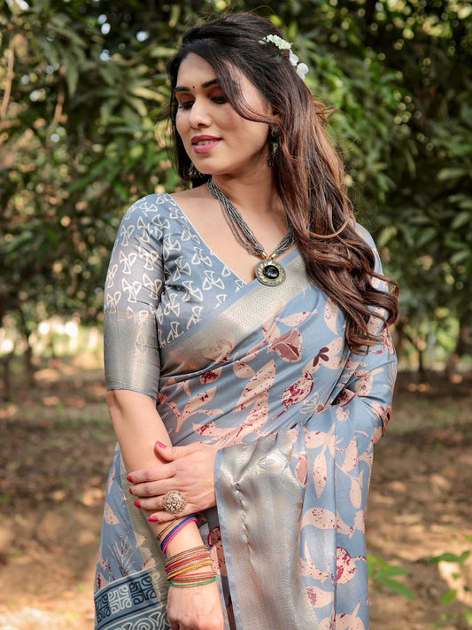 PURE SILK DIGITALLY PRINTED SAREE WEAVED WITH GOLDEN ZARI COMES WITH TASSELS