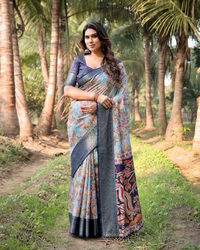 PURE SILK DIGITALLY PRINTED SAREE WEAVED WITH GOLDEN ZARI COMES WITH TASSELS