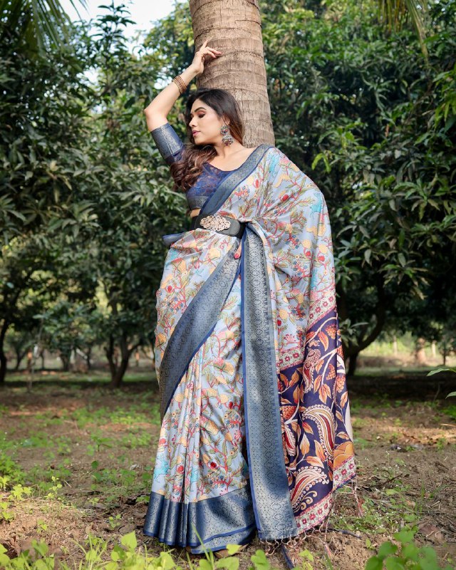 PURE SILK DIGITALLY PRINTED SAREE WEAVED WITH GOLDEN ZARI COMES WITH TASSELS