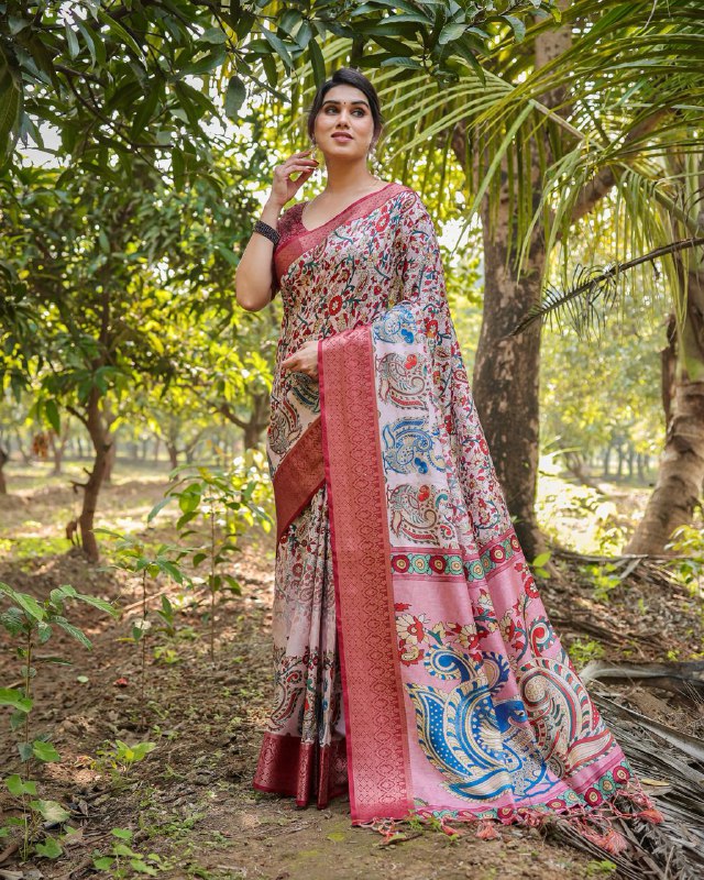PURE SILK DIGITALLY PRINTED SAREE WEAVED WITH GOLDEN ZARI COMES WITH TASSELS