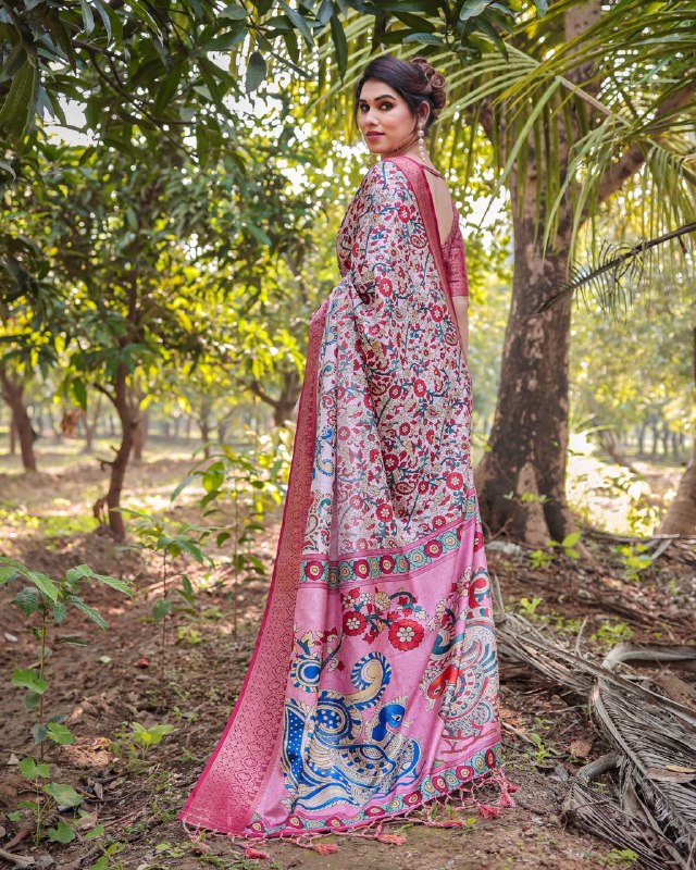 PURE SILK DIGITALLY PRINTED SAREE WEAVED WITH GOLDEN ZARI COMES WITH TASSELS