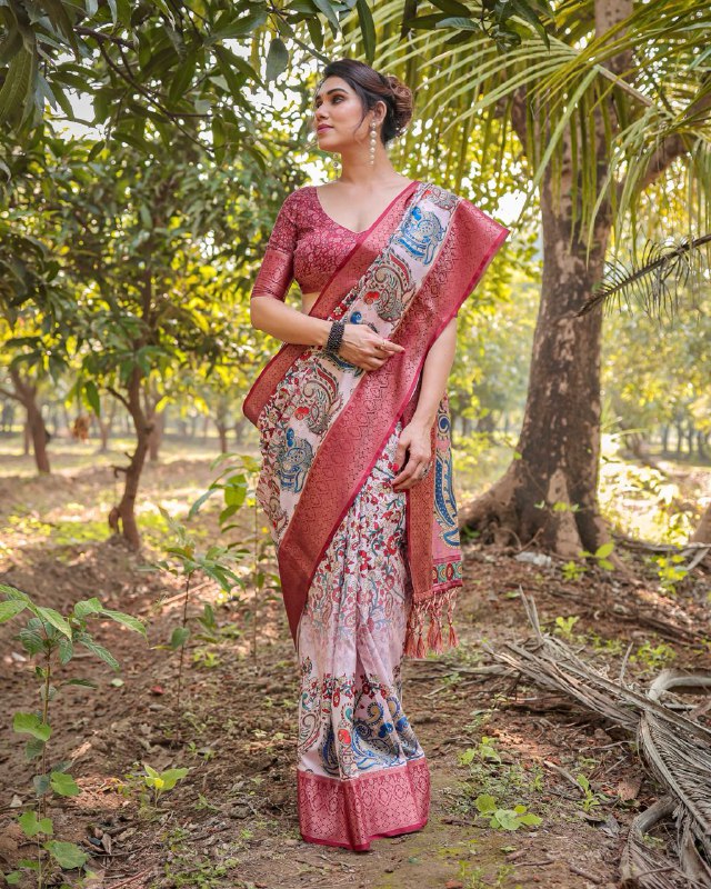 PURE SILK DIGITALLY PRINTED SAREE WEAVED WITH GOLDEN ZARI COMES WITH TASSELS
