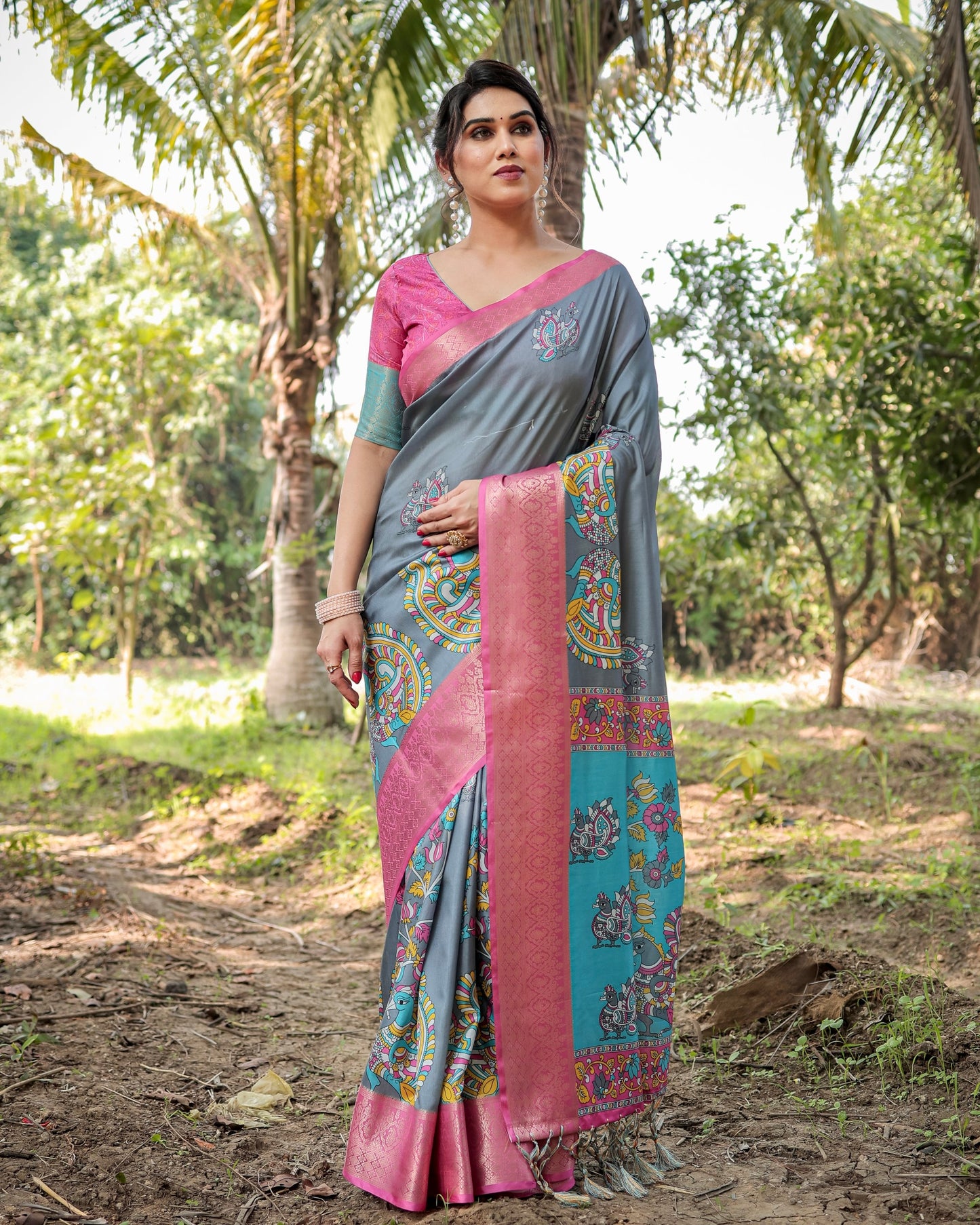 PURE SILK DIGITALLY PRINTED SAREE WEAVED WITH GOLDEN ZARI COMES WITH TASSELS