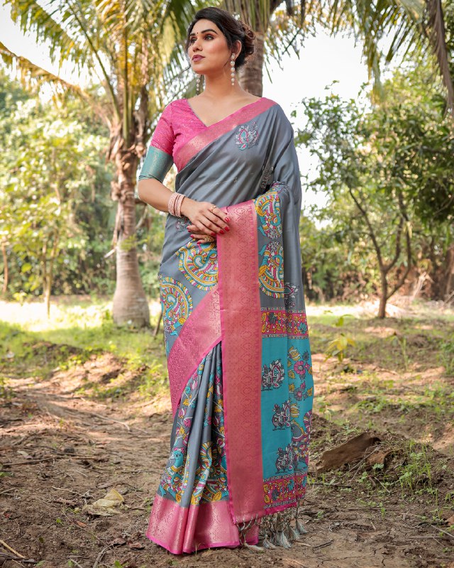 PURE SILK DIGITALLY PRINTED SAREE WEAVED WITH GOLDEN ZARI COMES WITH TASSELS
