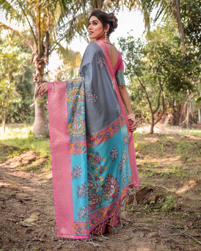 PURE SILK DIGITALLY PRINTED SAREE WEAVED WITH GOLDEN ZARI COMES WITH TASSELS