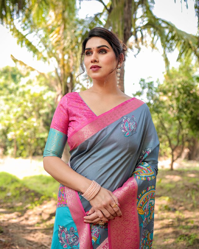 PURE SILK DIGITALLY PRINTED SAREE WEAVED WITH GOLDEN ZARI COMES WITH TASSELS