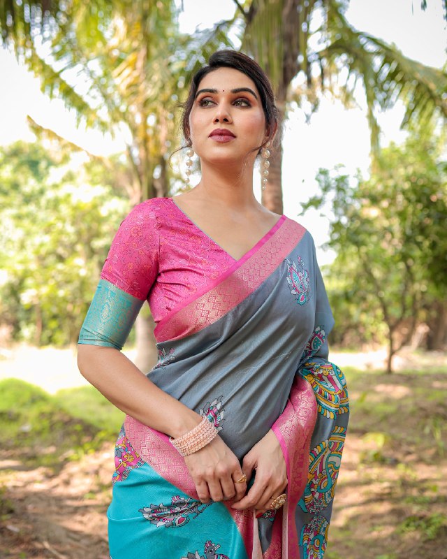 PURE SILK DIGITALLY PRINTED SAREE WEAVED WITH GOLDEN ZARI COMES WITH TASSELS