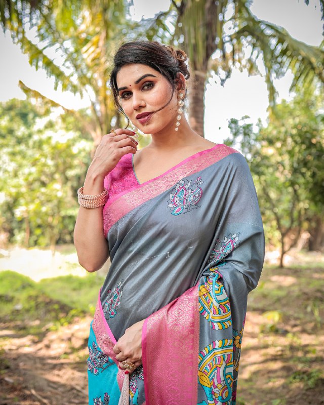 PURE SILK DIGITALLY PRINTED SAREE WEAVED WITH GOLDEN ZARI COMES WITH TASSELS