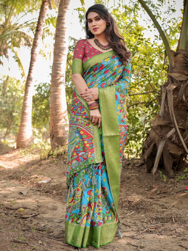 PURE SILK DIGITALLY PRINTED SAREE WEAVED WITH GOLDEN ZARI COMES WITH TASSELS