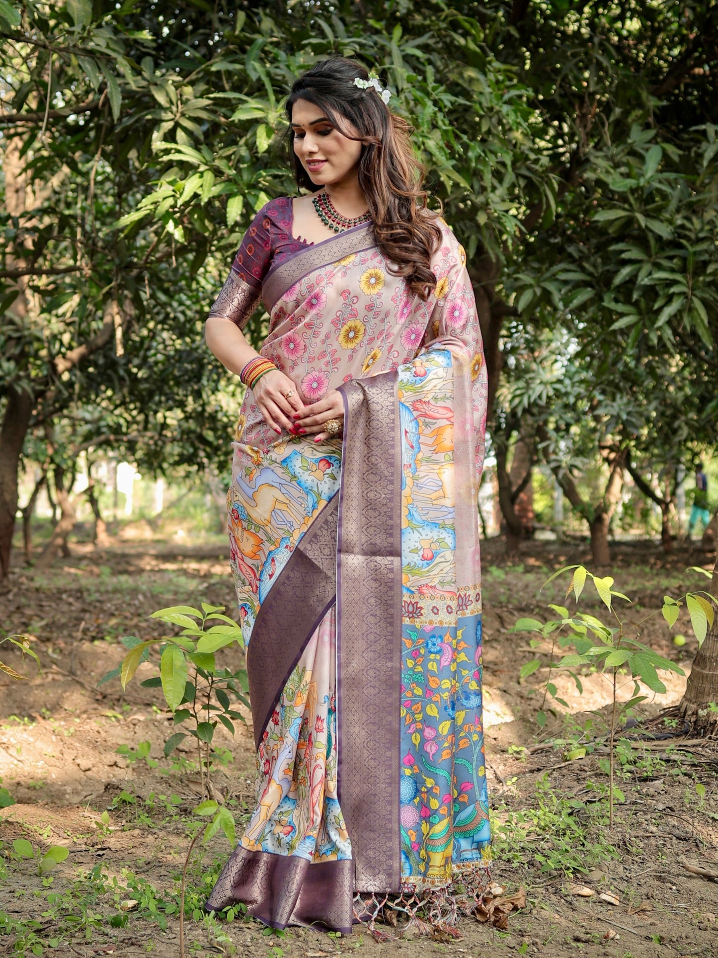 PURE SILK DIGITALLY PRINTED SAREE WEAVED WITH GOLDEN ZARI COMES WITH TASSELS