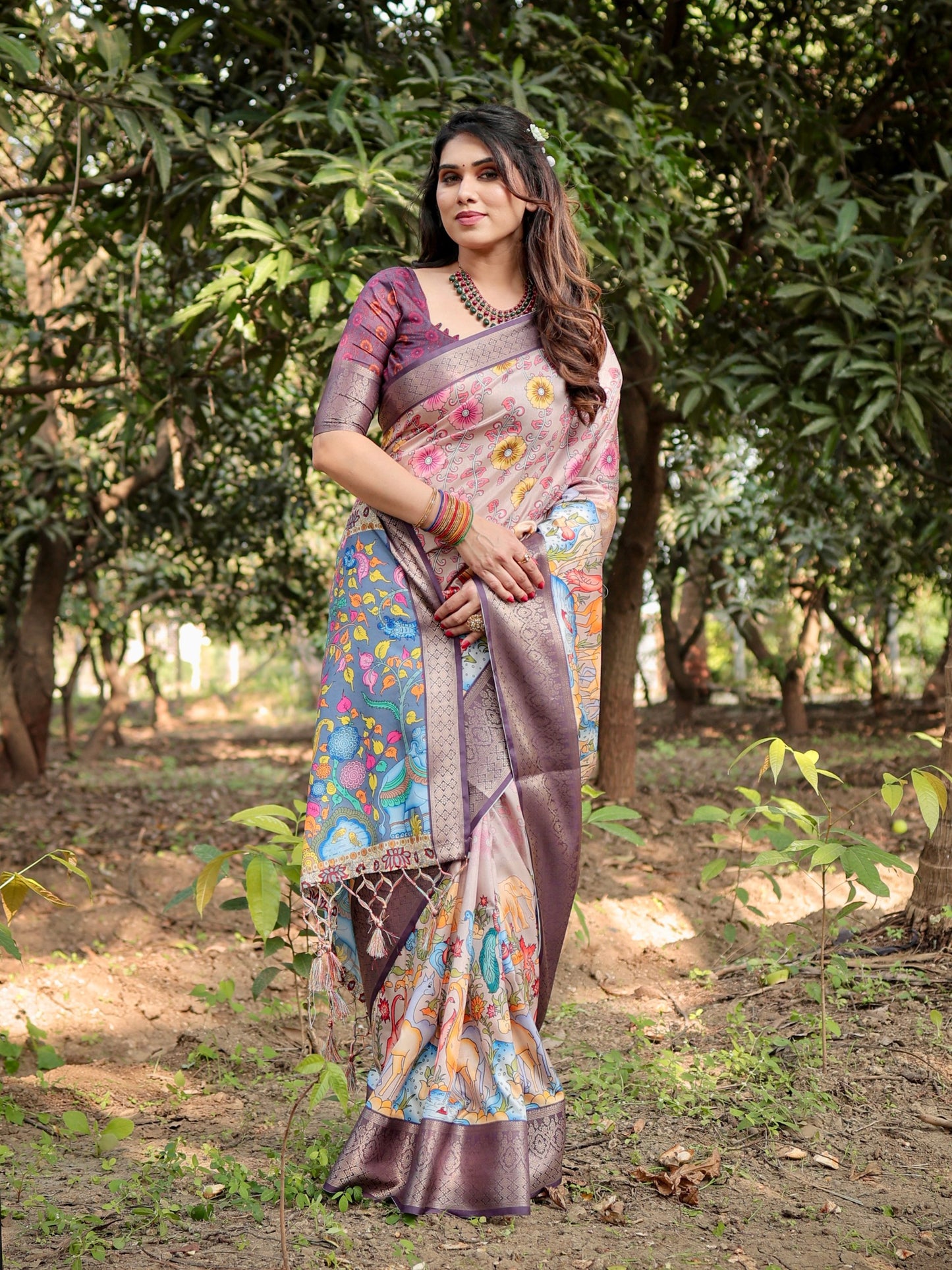 PURE SILK DIGITALLY PRINTED SAREE WEAVED WITH GOLDEN ZARI COMES WITH TASSELS