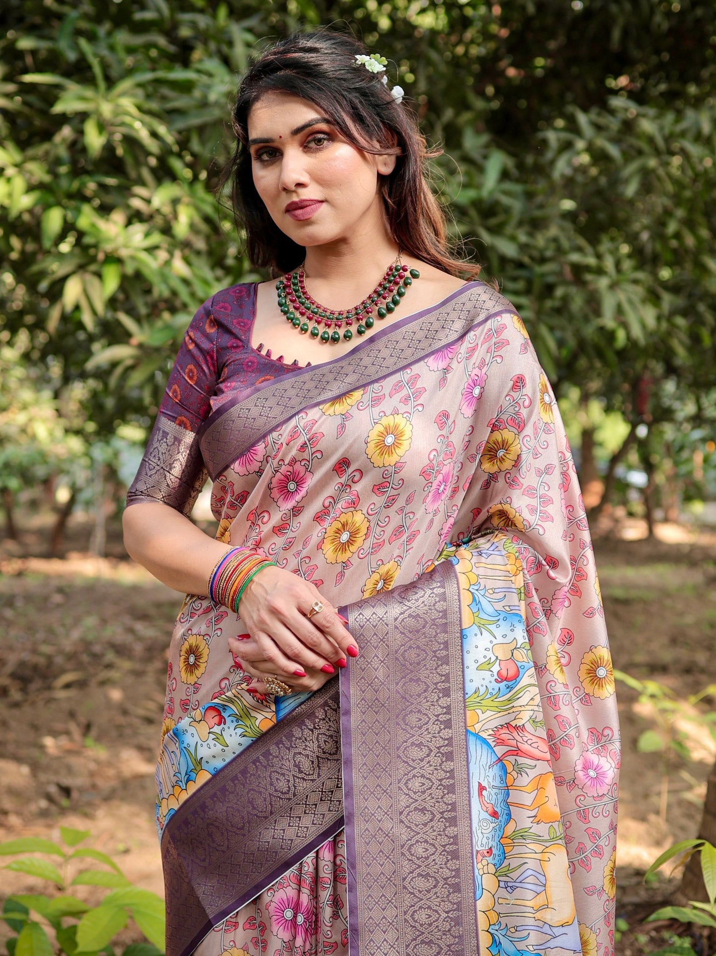 PURE SILK DIGITALLY PRINTED SAREE WEAVED WITH GOLDEN ZARI COMES WITH TASSELS