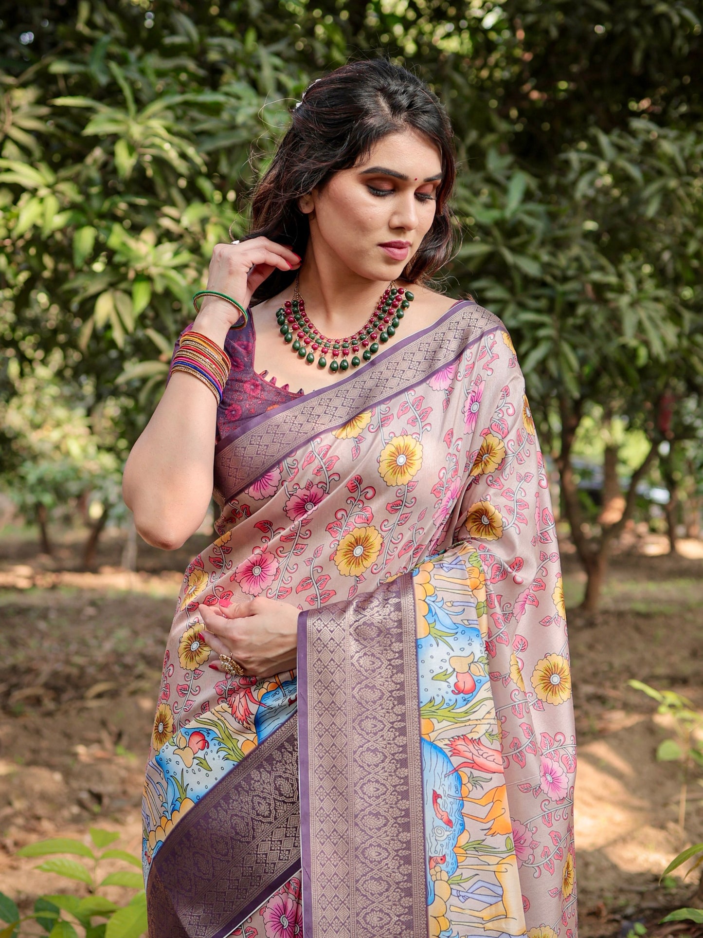 PURE SILK DIGITALLY PRINTED SAREE WEAVED WITH GOLDEN ZARI COMES WITH TASSELS