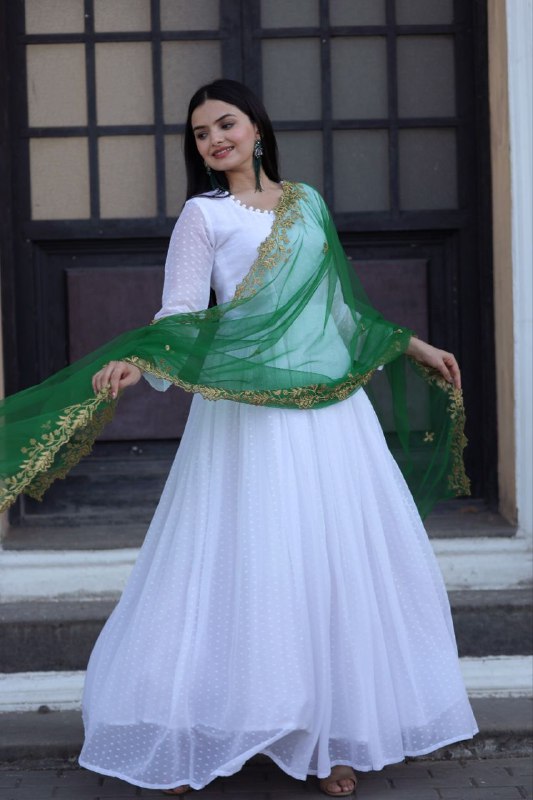 White Attractive Partywear Faux Georgette Thousand Butti Gown With Green Dupatta