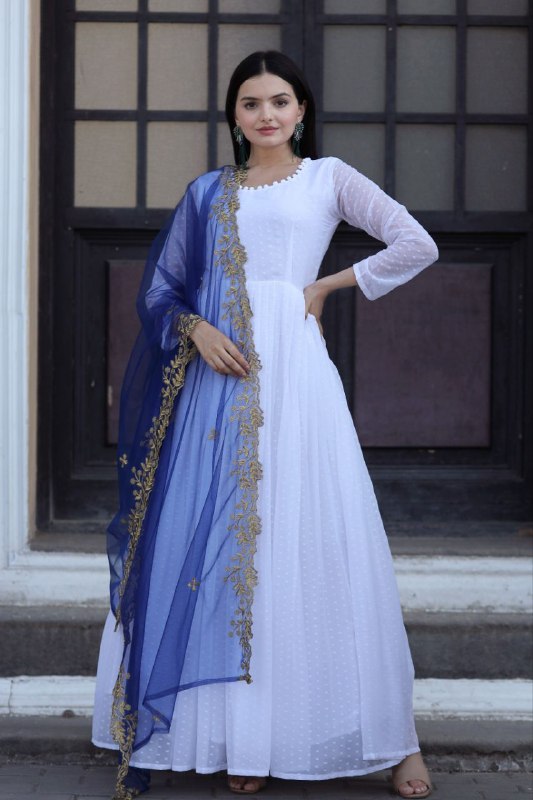 White Attractive Partywear Faux Georgette Thousand Butti Gown With Blue Dupatta