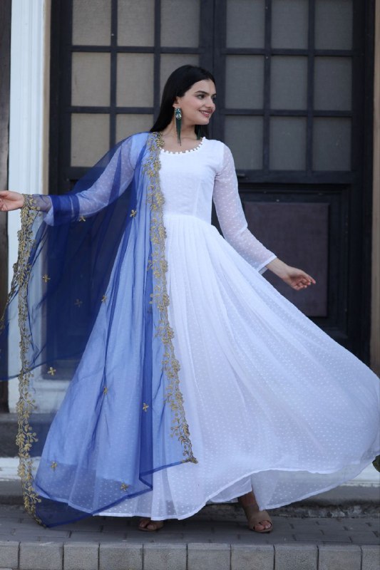 White Attractive Partywear Faux Georgette Thousand Butti Gown With Blue Dupatta