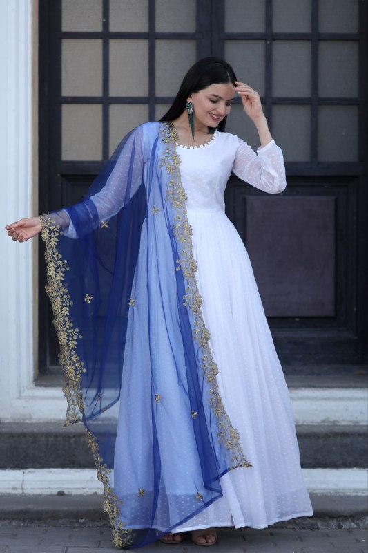 White Attractive Partywear Faux Georgette Thousand Butti Gown With Blue Dupatta