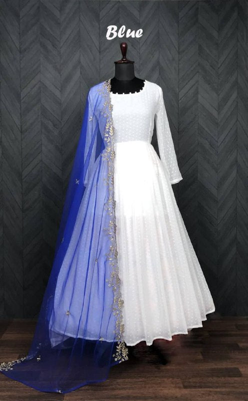 White Attractive Partywear Faux Georgette Thousand Butti Gown With Blue Dupatta