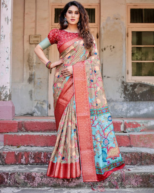 PURE SILK DIGITALLY PRINTED SAREE WEAVED WITH GOLDEN ZARI COMES WITH TASSELS