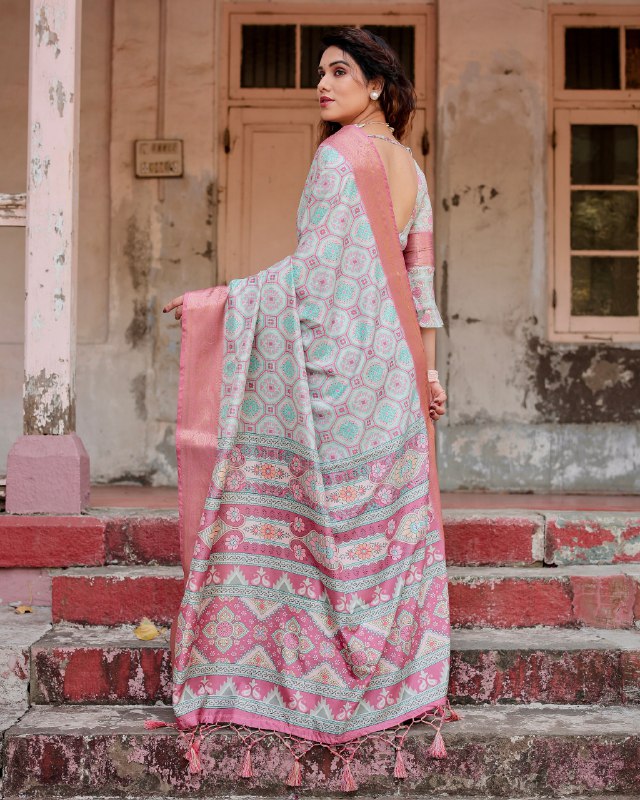 PURE SILK DIGITALLY PRINTED SAREE WEAVED WITH GOLDEN ZARI COMES WITH TASSELS