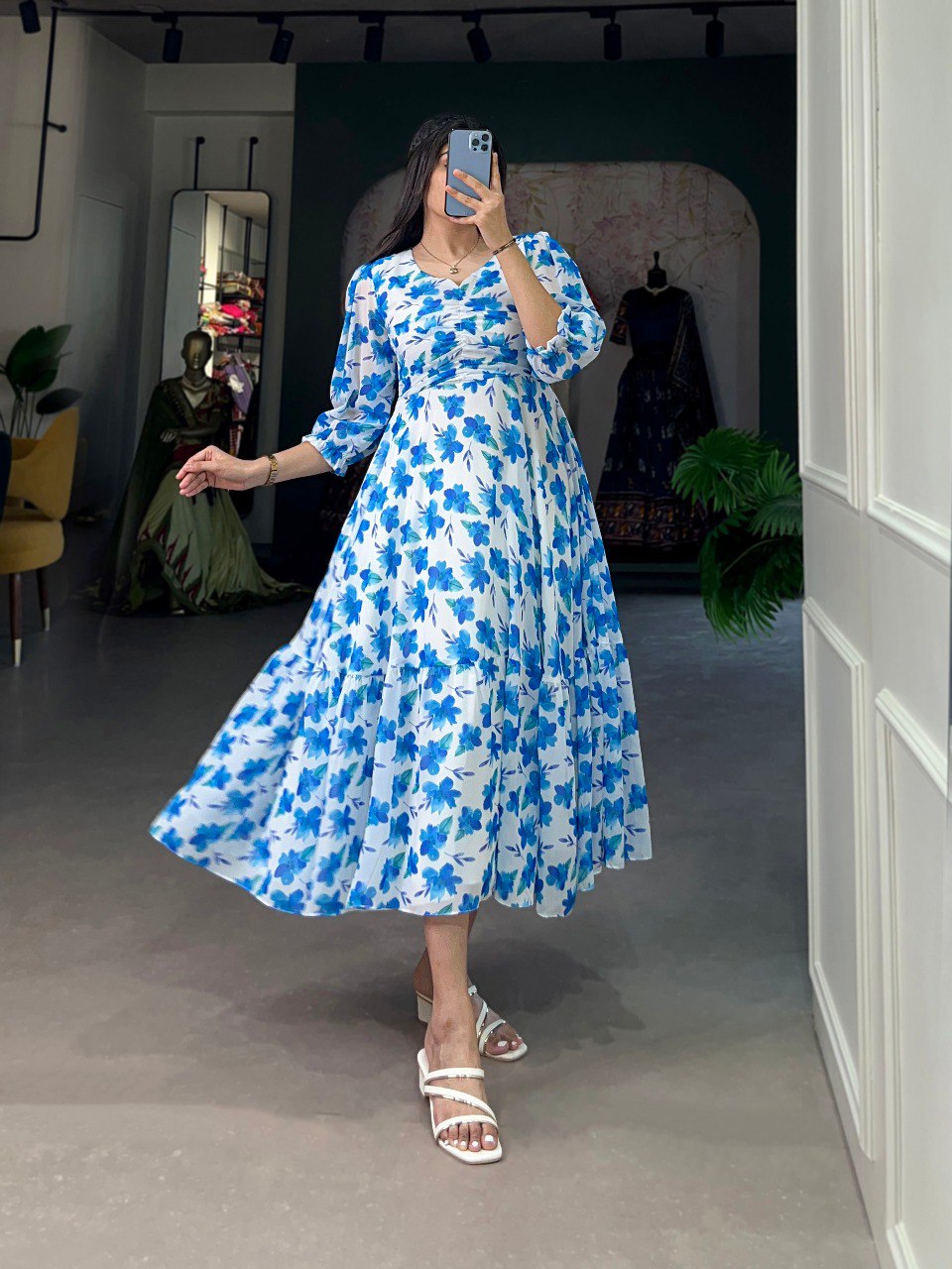 Blue Color Floral Print Georgette Western Wear