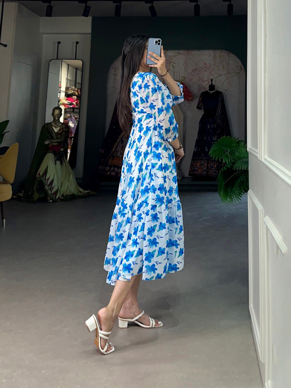 Blue Color Floral Print Georgette Western Wear