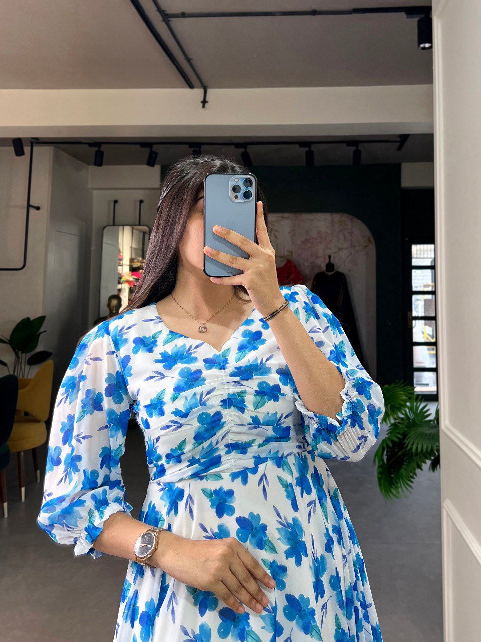 Blue Color Floral Print Georgette Western Wear