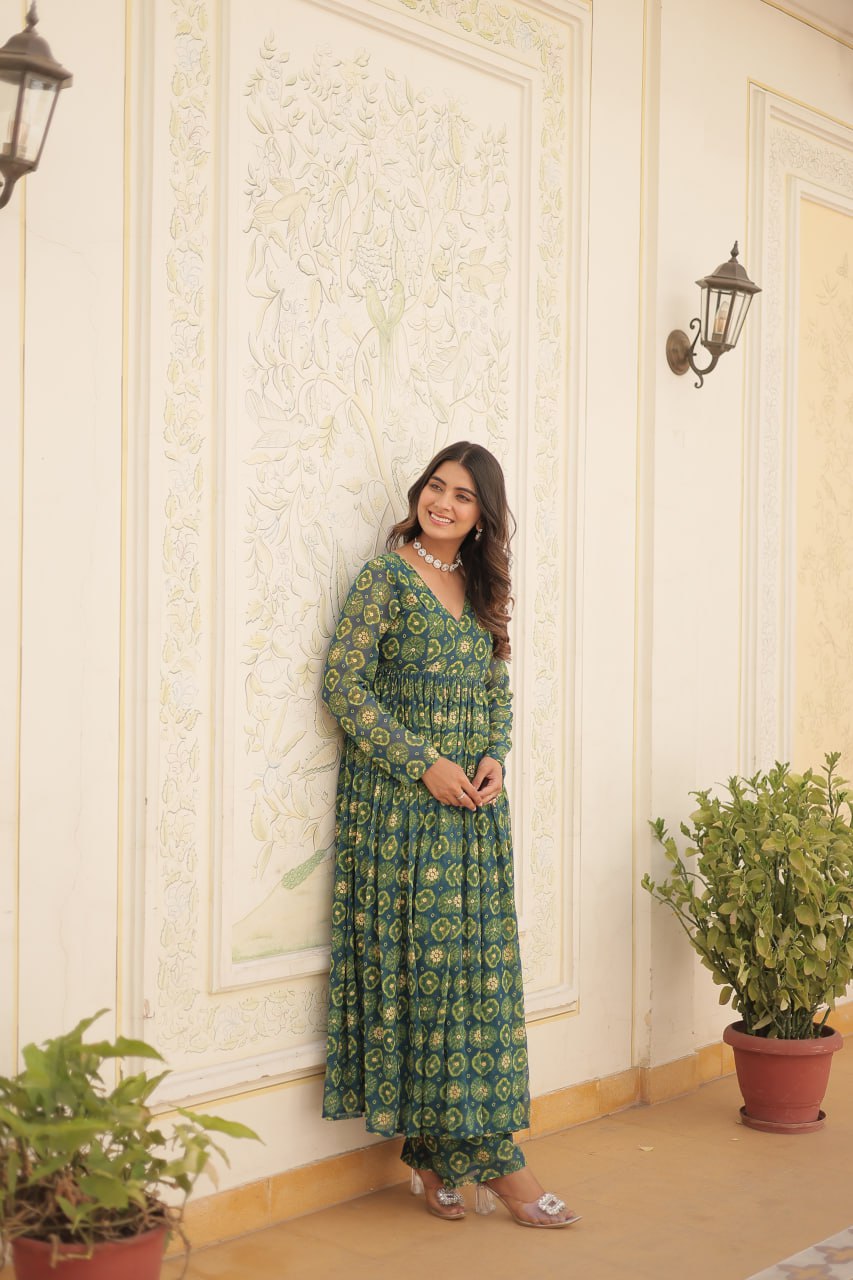 Rama Fancy V Neck Faux Georgette With Foil Print Suit