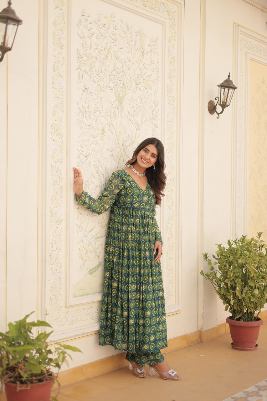 Rama Fancy V Neck Faux Georgette With Foil Print Suit