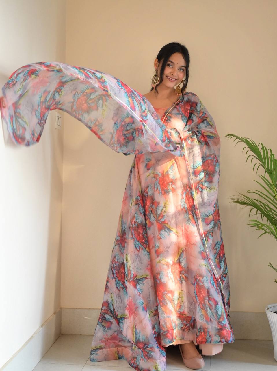 Organza Taby Silk With Digital Print Gown With Dupatta