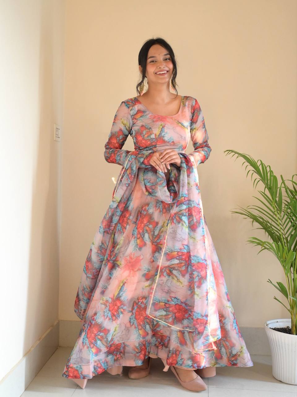 Organza Taby Silk With Digital Print Gown With Dupatta
