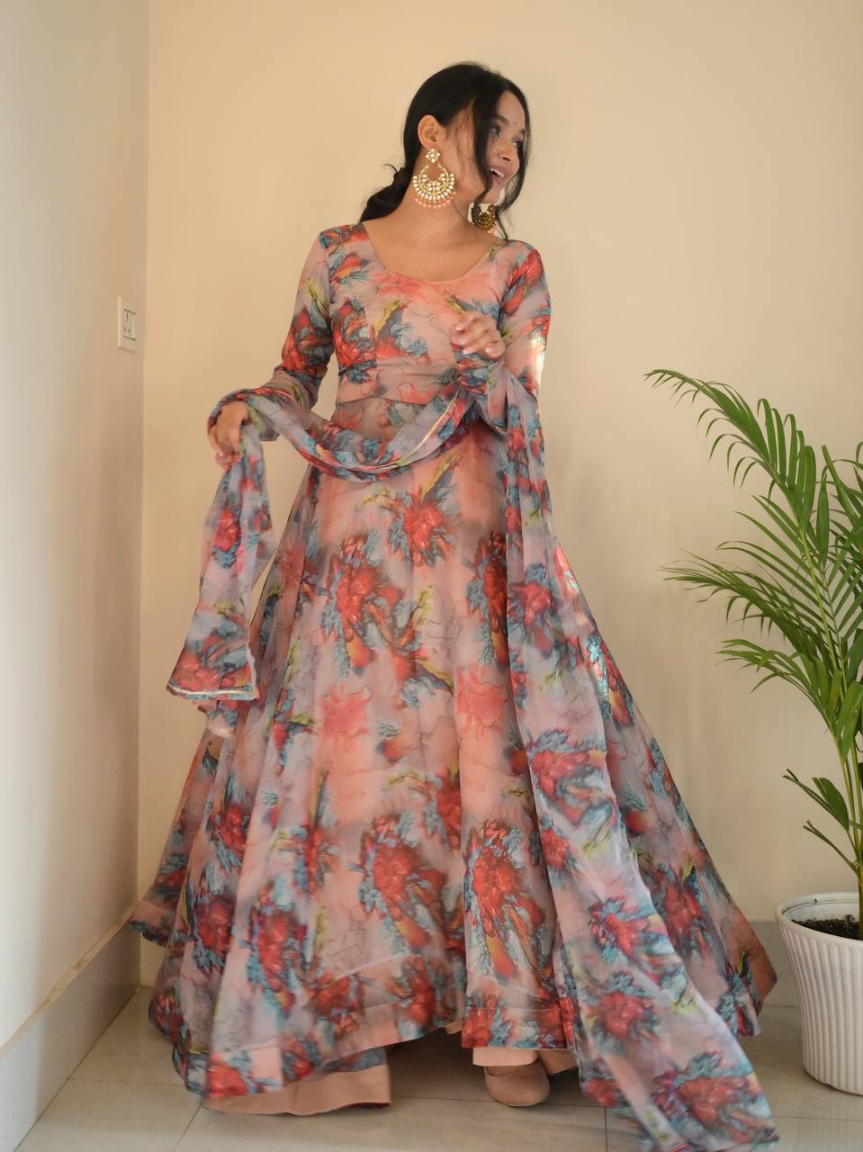Organza Taby Silk With Digital Print Gown With Dupatta