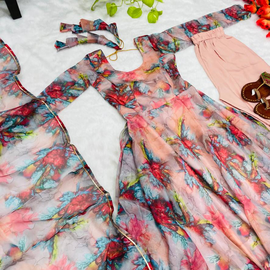 Organza Taby Silk With Digital Print Gown With Dupatta