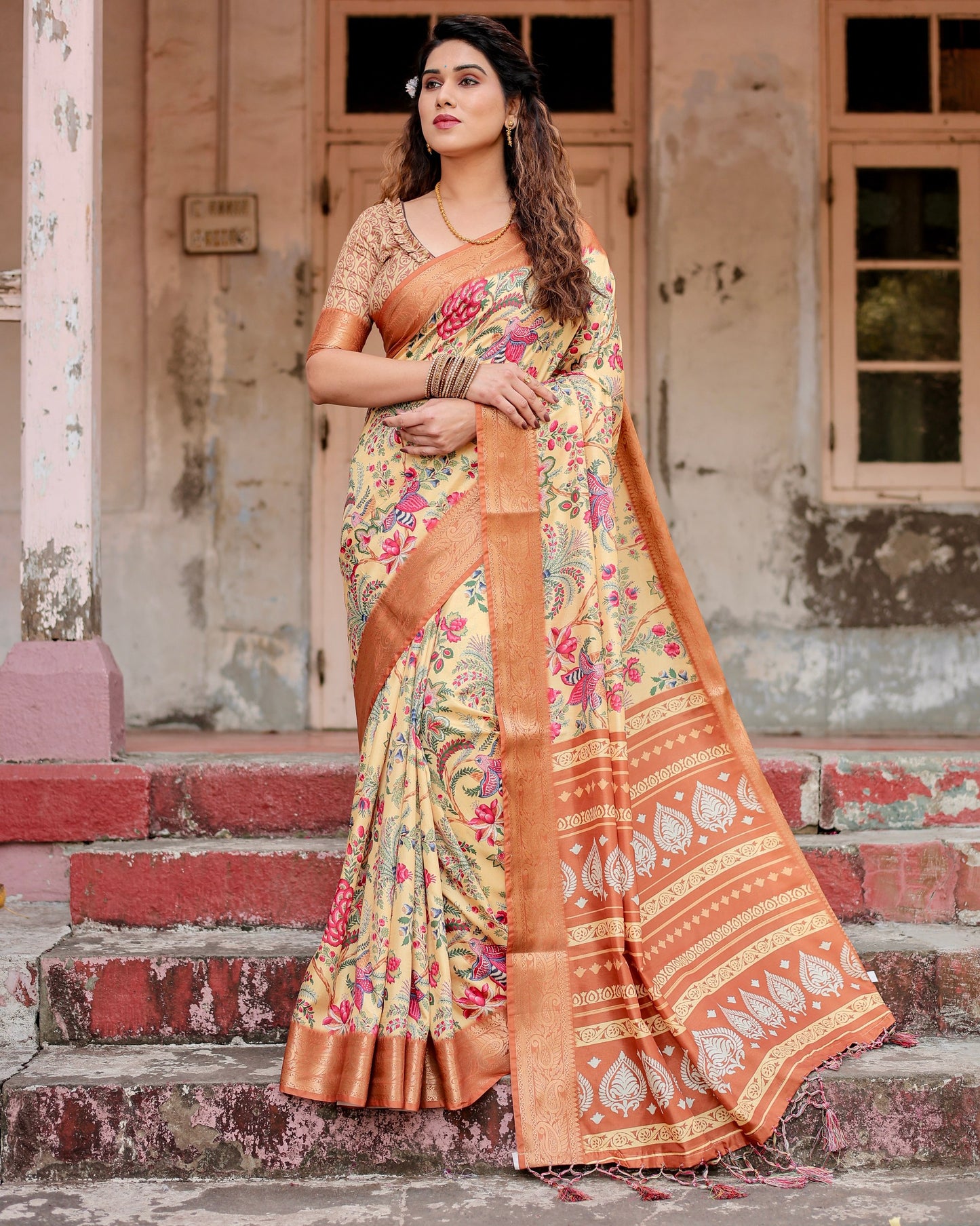 PURE SILK DIGITALLY PRINTED SAREE WEAVED WITH GOLDEN ZARI COMES WITH TASSELS