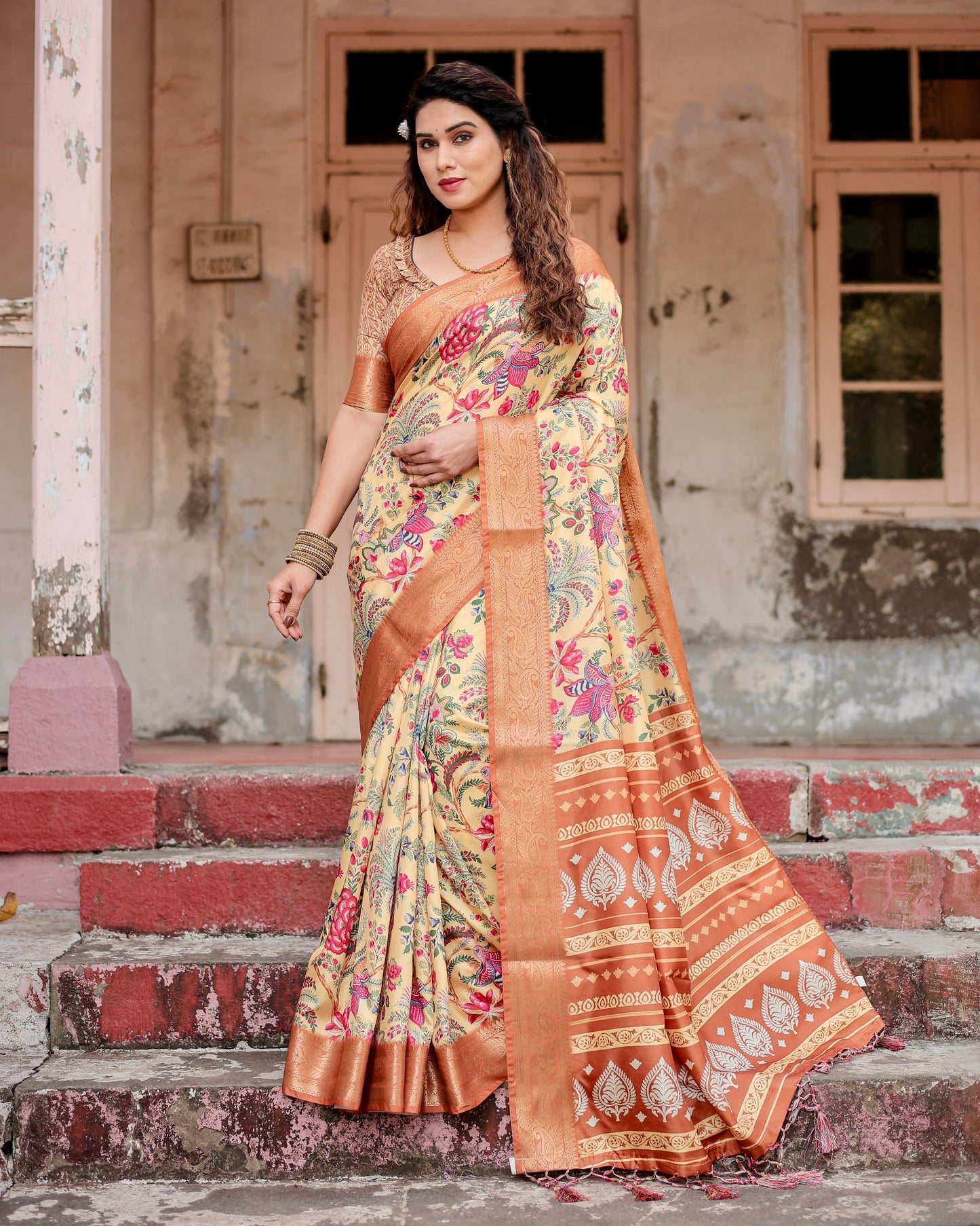 PURE SILK DIGITALLY PRINTED SAREE WEAVED WITH GOLDEN ZARI COMES WITH TASSELS