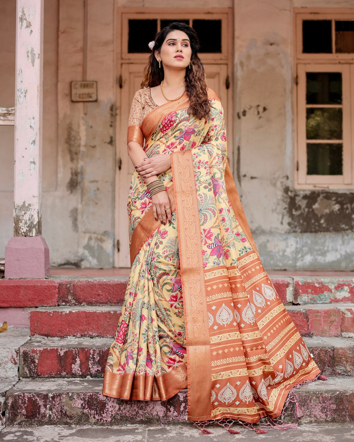 PURE SILK DIGITALLY PRINTED SAREE WEAVED WITH GOLDEN ZARI COMES WITH TASSELS