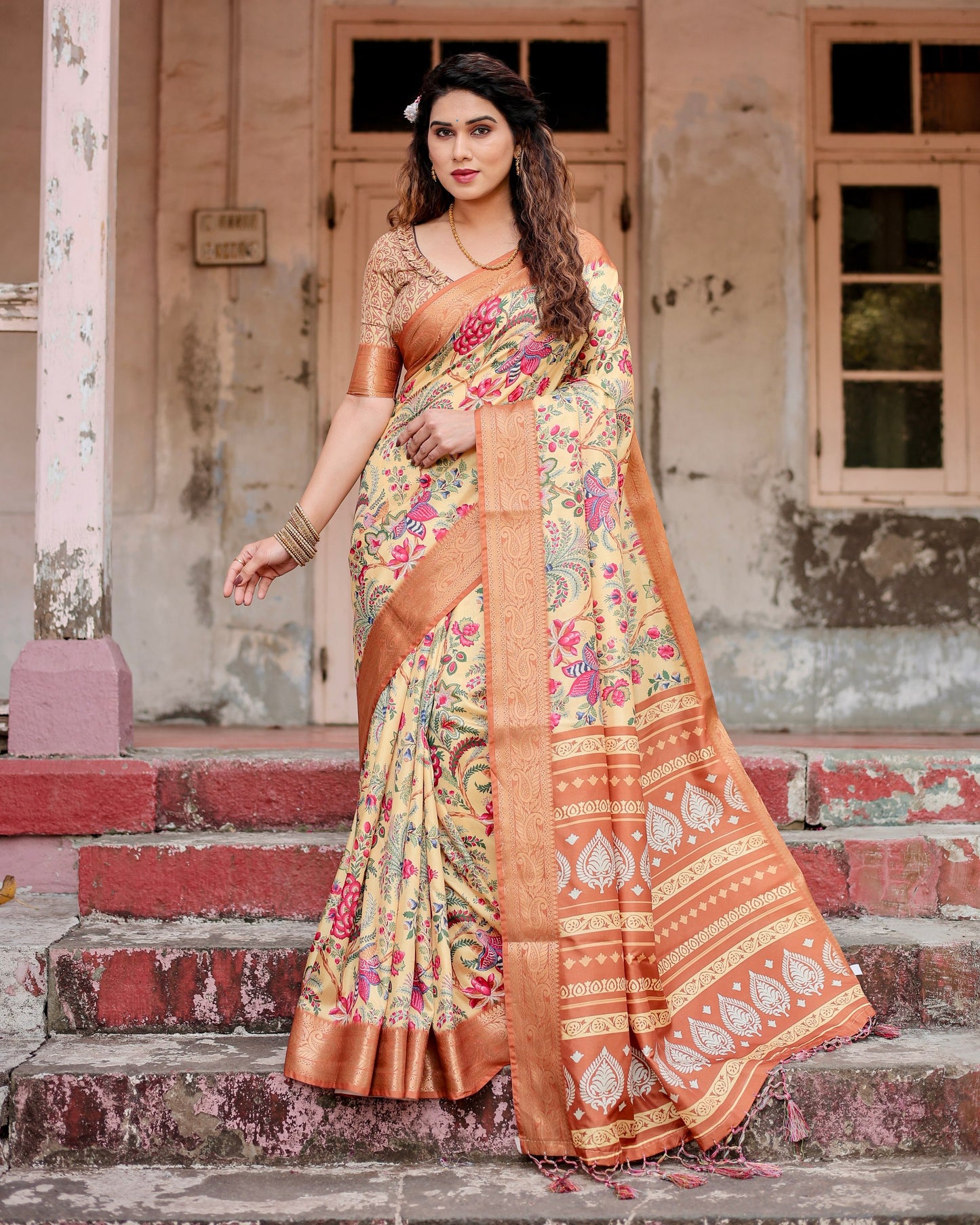 PURE SILK DIGITALLY PRINTED SAREE WEAVED WITH GOLDEN ZARI COMES WITH TASSELS