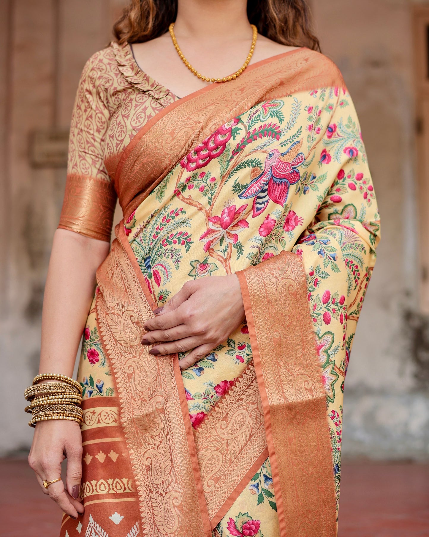 PURE SILK DIGITALLY PRINTED SAREE WEAVED WITH GOLDEN ZARI COMES WITH TASSELS
