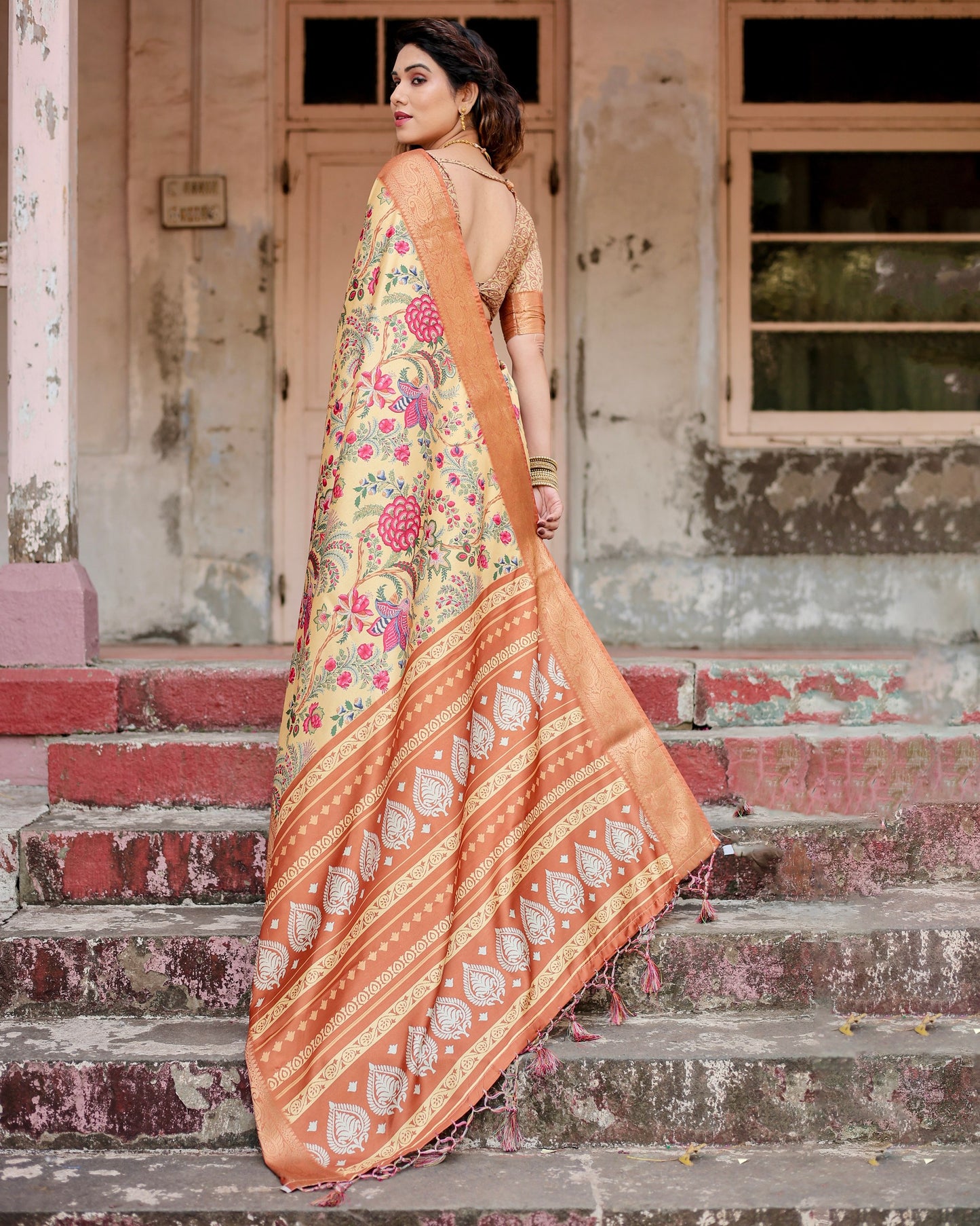 PURE SILK DIGITALLY PRINTED SAREE WEAVED WITH GOLDEN ZARI COMES WITH TASSELS