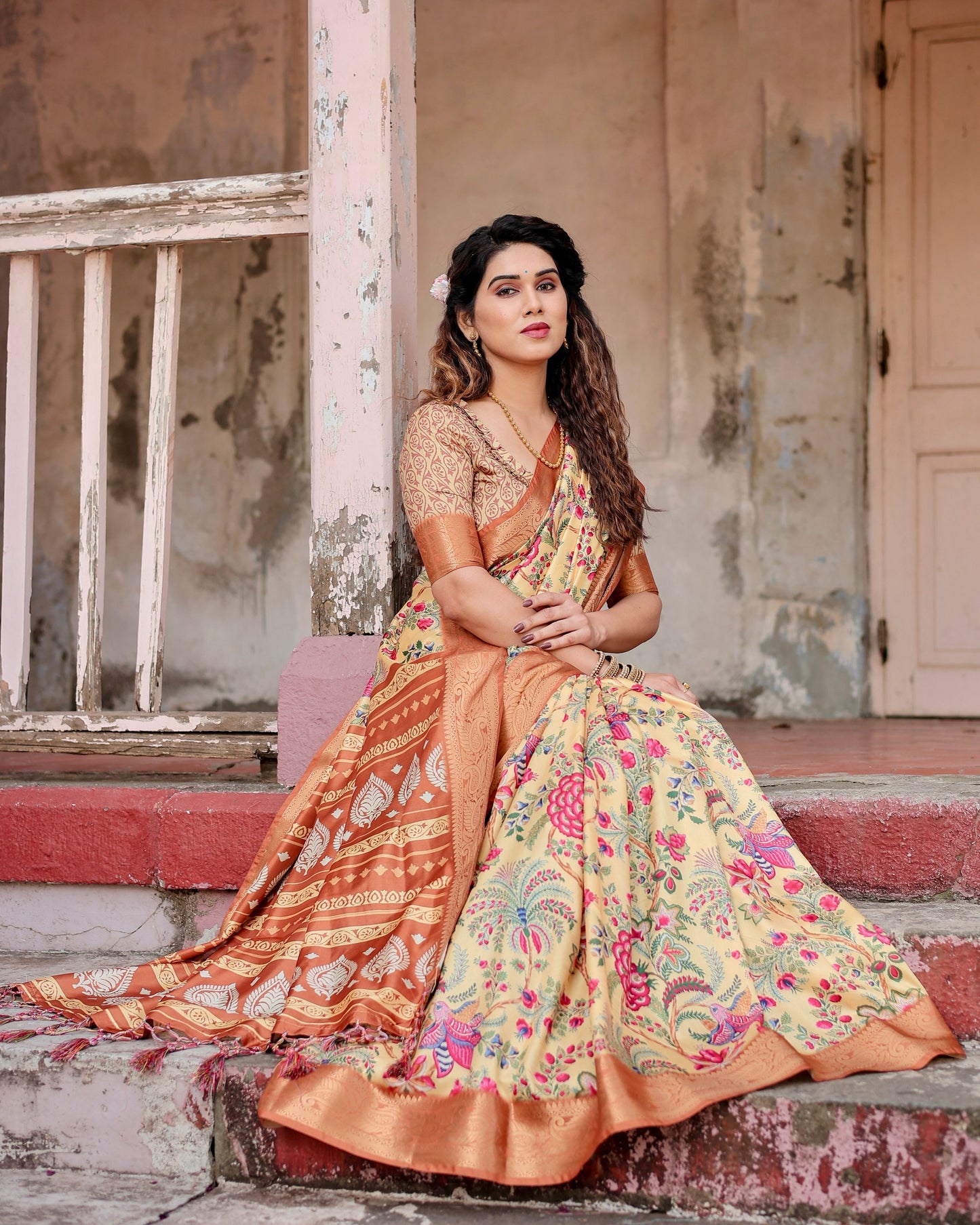 PURE SILK DIGITALLY PRINTED SAREE WEAVED WITH GOLDEN ZARI COMES WITH TASSELS